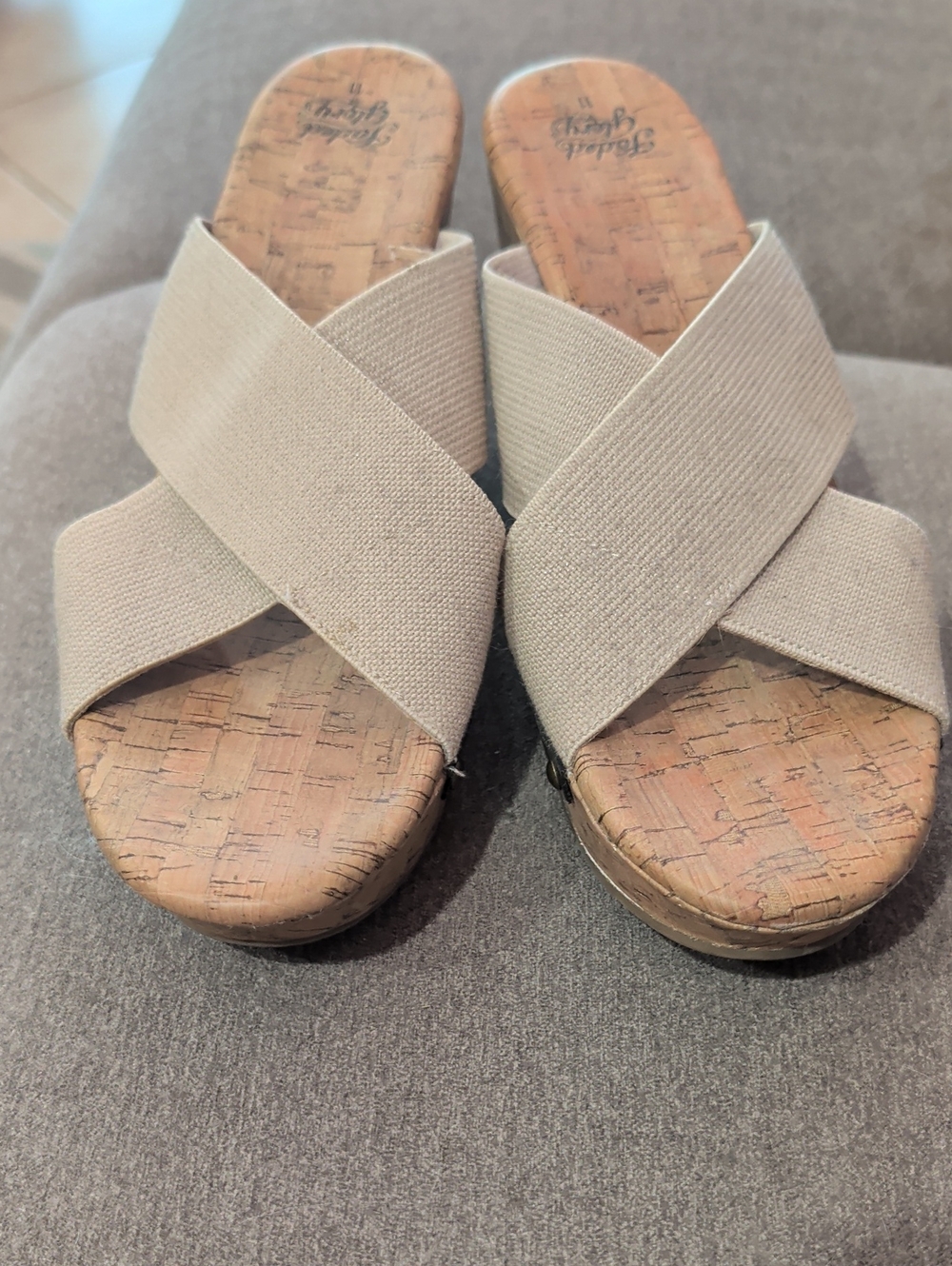Faded Glory Taupe Crisscross Cork Wedge Slide Mules